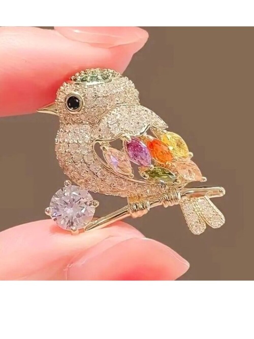 Bird brooch Rhinestone Flower Pin Stylish Sparkle Hollywood Glam Colorful Gold